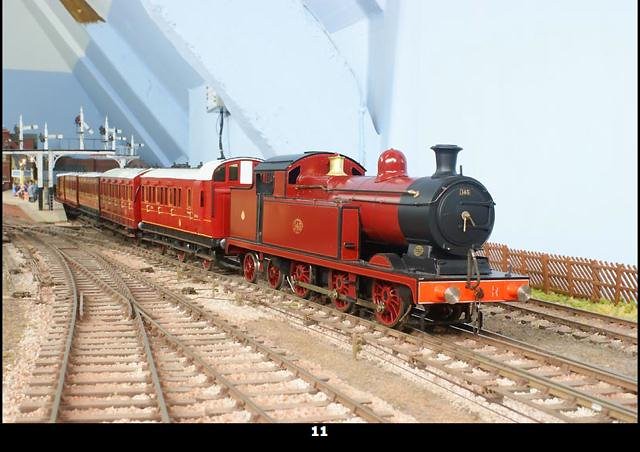 Crimson Midland tank engine with a train of coaches at Abbotstone