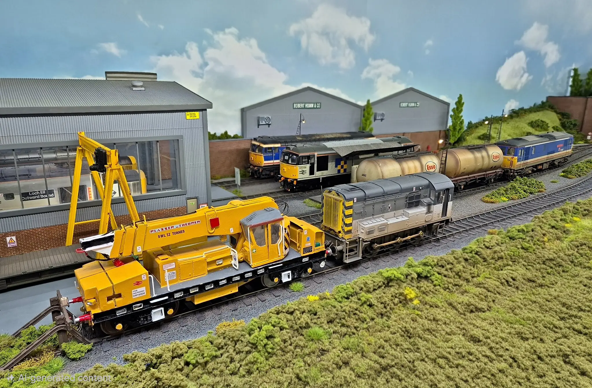 Yellow engineers' crane and Network SouthEast locomotives at the Lockton Lane depot