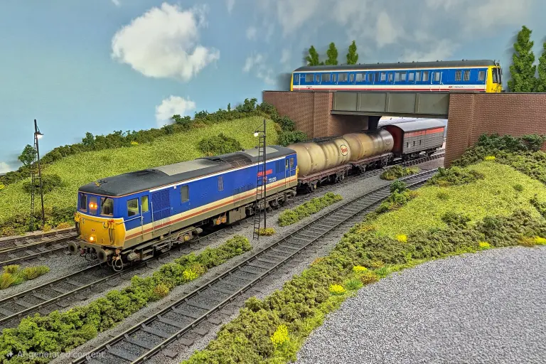 Network SouthEast Class 50 with a rake of oil tanks, an NSE diesel unit crossing the bridge behind