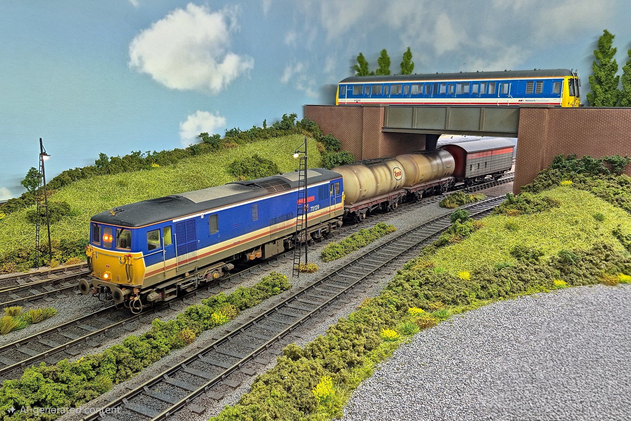Network SouthEast Class 50 with a rake of oil tanks, an NSE diesel unit crossing the bridge behind