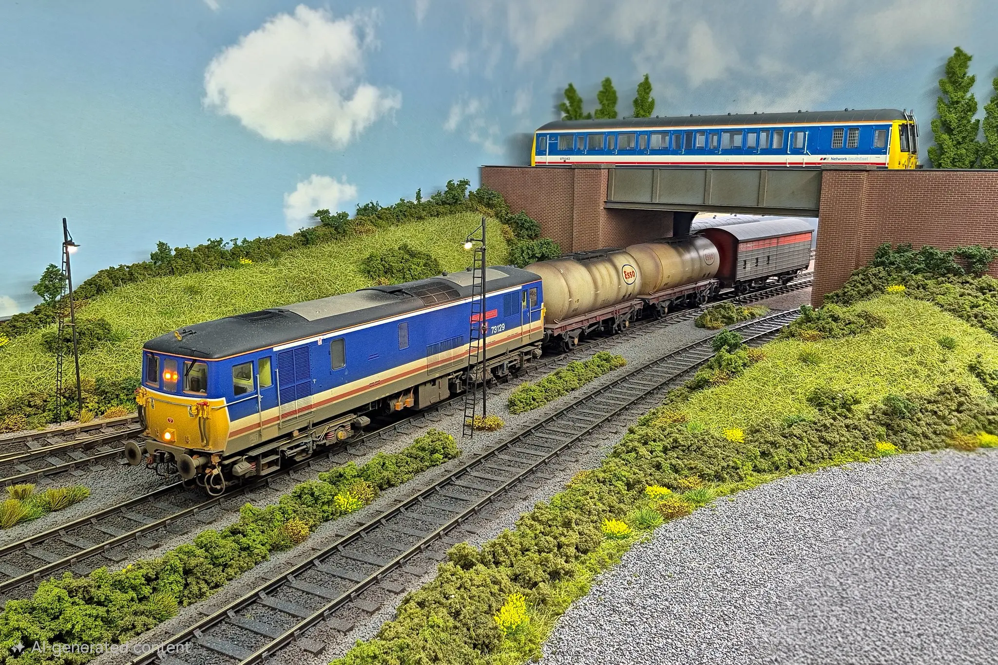 Network SouthEast Class 50 with a rake of oil tanks, an NSE diesel unit crossing the bridge behind