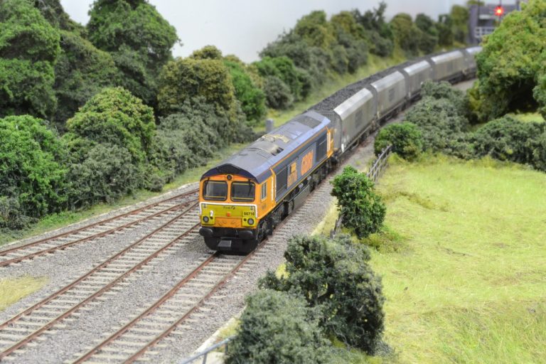 GBRf Class 66 with a freight train through the wooded cutting at Waton