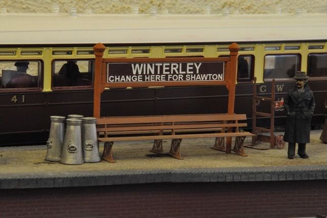 Winterley station platform, with the running-in board reading Change here for Shawton